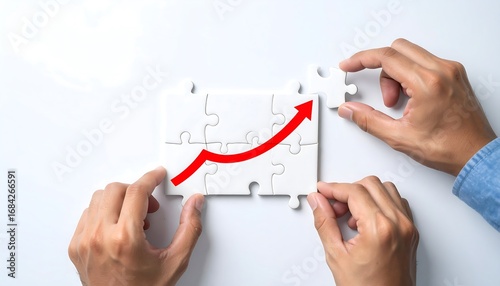 Two hands assembling jigsaw puzzle pieces, forming a graph with an upward trend