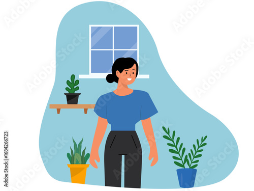 Young woman gardening, growing and caring at home. Gardening illustration. Flat vector illustration concept.