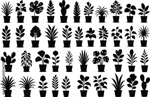Potted plant silhouettes vector pack, including houseplants, indoor plants, and decorative foliage elements in black silhouette style.