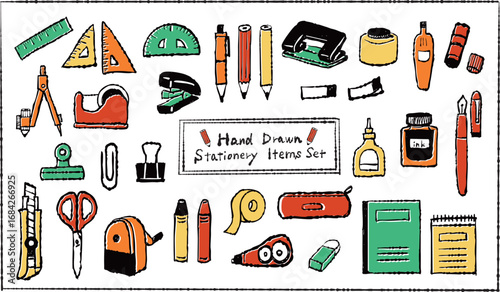 手描きの文房具イラストセット