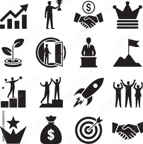 Business success and achievement icons with graphs and people growth profit