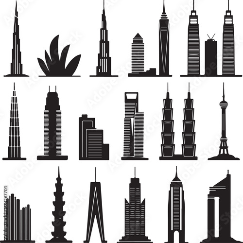 Collection of famous skyscraper silhouettes and architectural building icons architecture