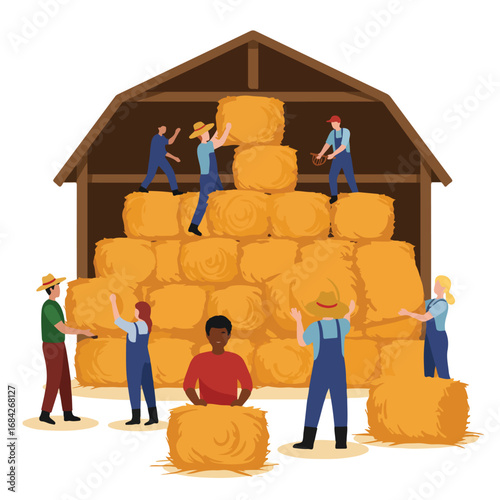 Farmers in a barn stacking hay bales