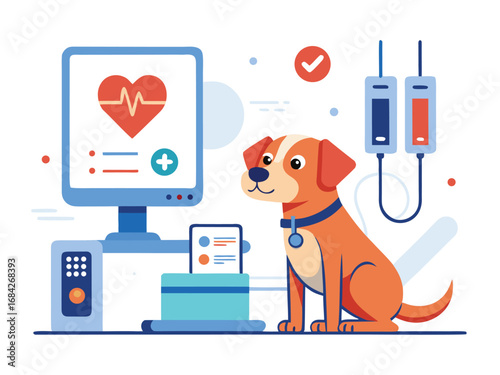 Cute puppy receives medical treatment at veterinary clinic with monitoring equipment and iv drips