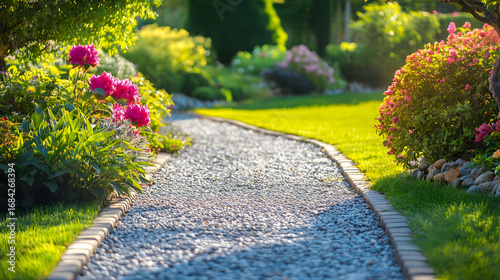 Sunlit garden path with blooming flowers and green lawn