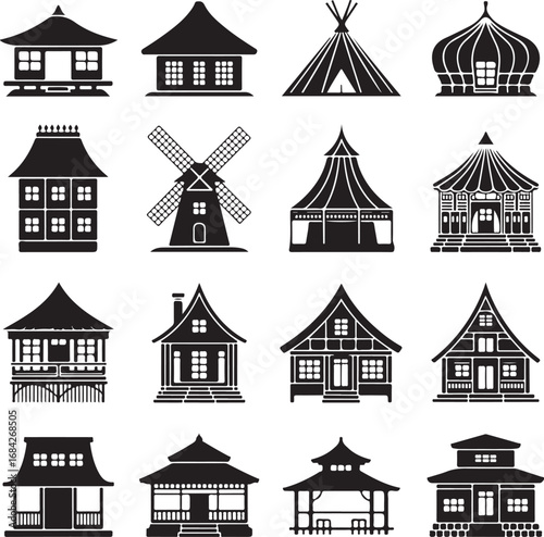 Variety of traditional and architectural house icons in silhouette style home building