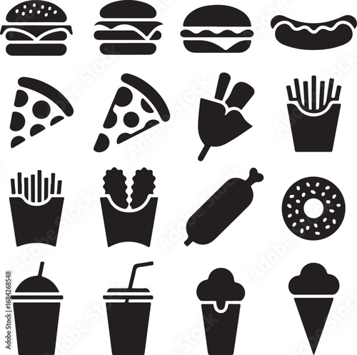 Assortment of popular fast food and drink icons in silhouette style burger hamburger