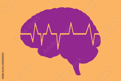 Abstract brain illustration with heartbeat line symbolizing mental health and neurological activity. eps 10