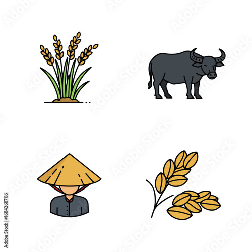 Four icons rice plant water buffalo person in conical hat rice grains