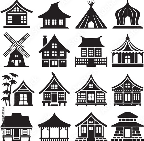Diverse architectural house styles icons from around the world home building