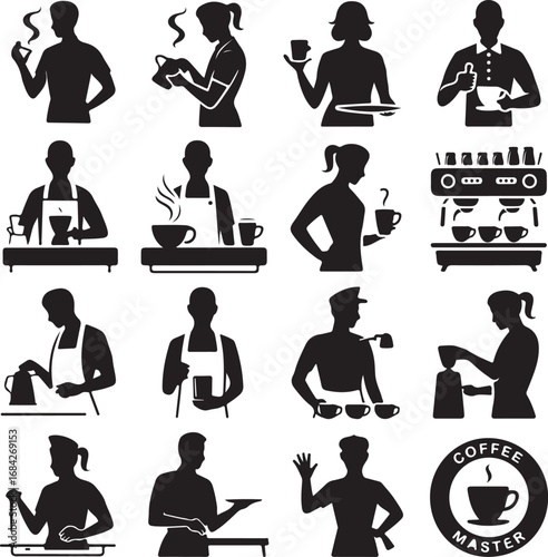 Coffee preparation and service icons featuring baristas and equipment cafe drink