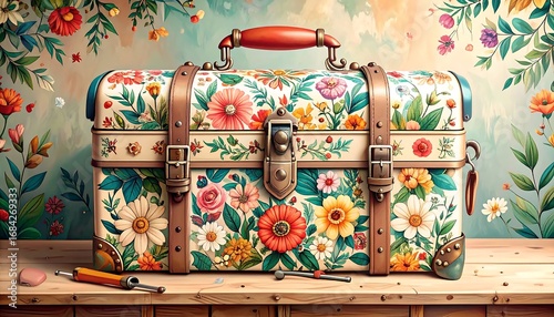 Floral vintage chest on wooden surface