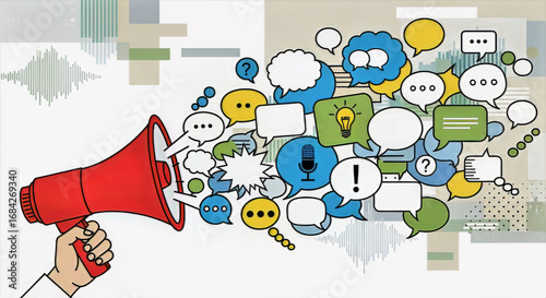 A red megaphone held in a hand with speech bubbles floating out representing communication and ideas being shared