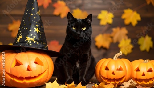 Black cat with Halloween pumpkins