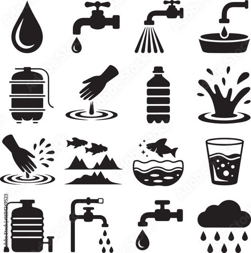 Water-related icons showing drops, taps, hands, fish, and rain faucet