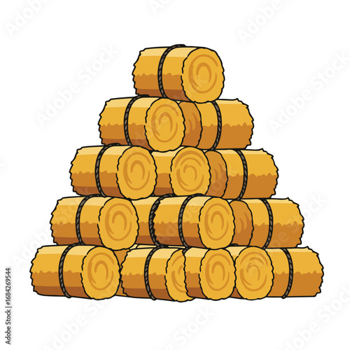 Hay bales stacked in a pyramid shape against a white background
