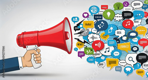 A hand holding a red megaphone with speech bubbles and social media icons coming out of the megaphone end