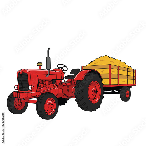 Red tractor pulling a trailer full of hay