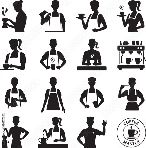Coffee making and serving icons with baristas and equipment Keywords: coffee, barista, making
