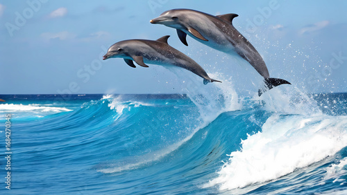 Fototapeta Naklejka Na Ścianę i Meble -  Two dolphins leaping out of a wave in the ocean under a bright blue sky on a sunny day in the sea