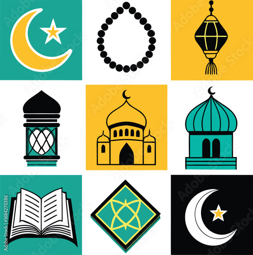 Collection of islamic cultural symbols and religious icons including crescent moon star prayer beads mosque lantern and holy book presented in a grid layout on colorful backgrounds