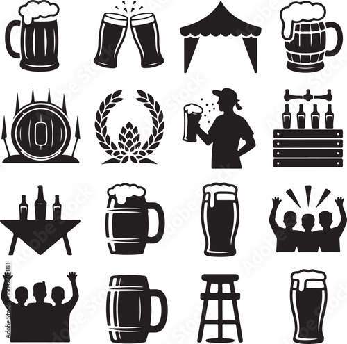 Beer icons with mugs, glasses, tent, bottles, and cheering fans Keywords: beer, mug, glass, pint