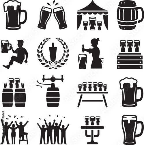 Black and white silhouettes of beer mugs, glasses, barrels and people celebrating alcohol