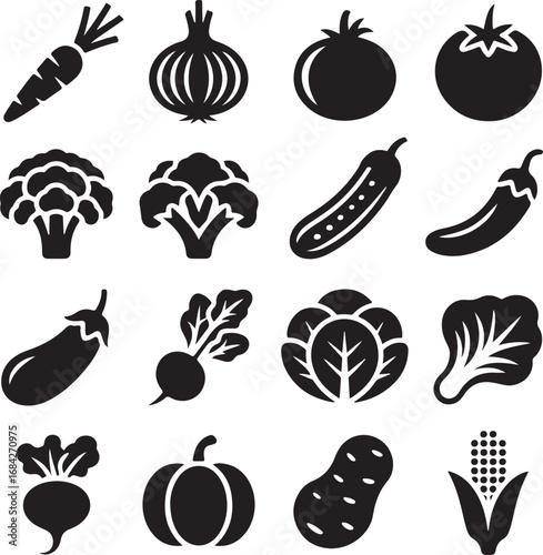 Collection of black and white silhouettes of fresh vegetables healthy eating food