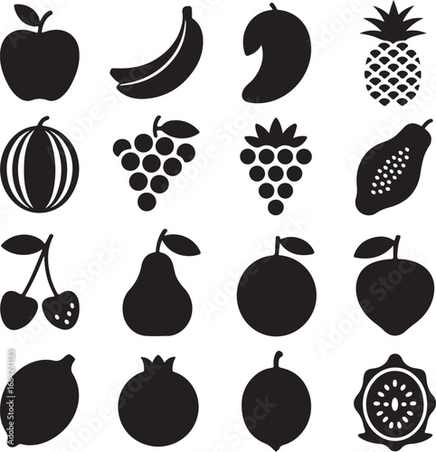 Assortment of black and white fruit silhouettes including apple, banana, pineapple and berries