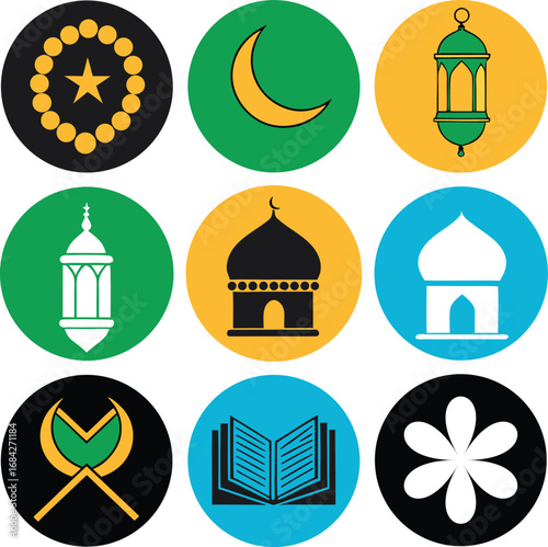 Collection of islamic cultural symbols and religious icons presented in a clean modern and colorful circular graphic design arrangement for diverse islamic themes