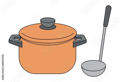 Cooking pot with lid and ladle kitchen utensil illustration for food preparation, recipe content, culinary education, household kitchenware, restaurant menu design, and cooking promotional materials i