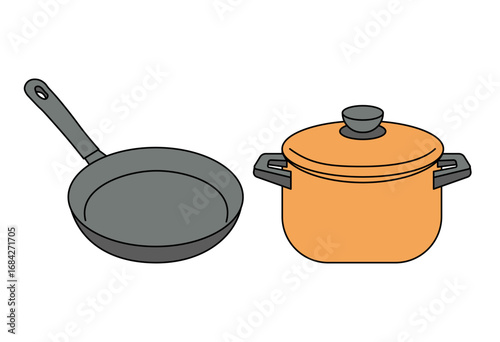 Frying pan and cooking pot kitchen utensils illustration for food preparation, recipe content, household kitchenware, culinary education, restaurant design, and cooking promotional materials isolated 
