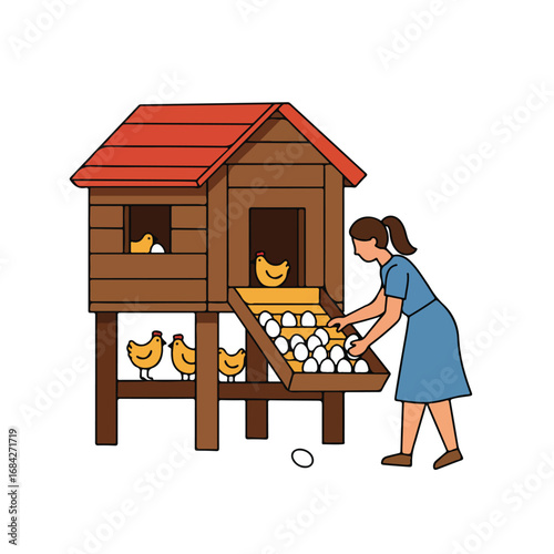 Woman collecting eggs from a chicken coop