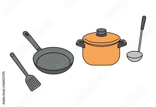 Cooking utensils set with frying pan, cooking pot, spatula and ladle illustration for food preparation, recipe content, household kitchenware, culinary education, restaurant menu design and kitchen pr