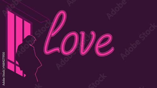 Silhouette of person by window with pink light and the word love in pink neon style font