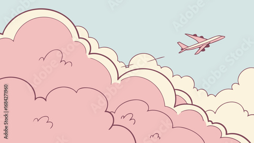 Pink airplane flying in a blue sky above fluffy pink clouds with a cartoon style illustration look to it