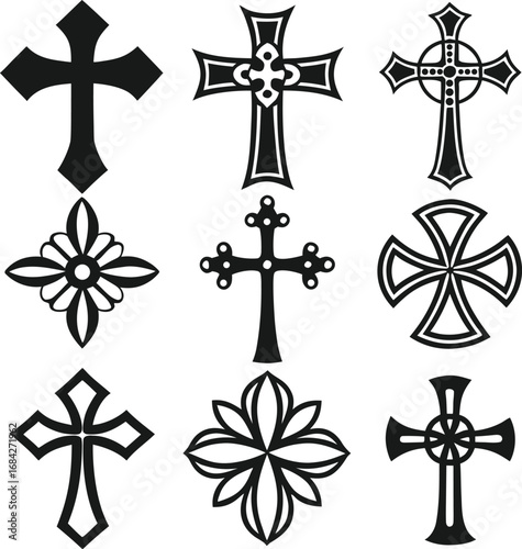 Collection of nine distinct christian cross designs featuring intricate celtic knotwork floral motifs and traditional shapes symbolizing faith and spirituality