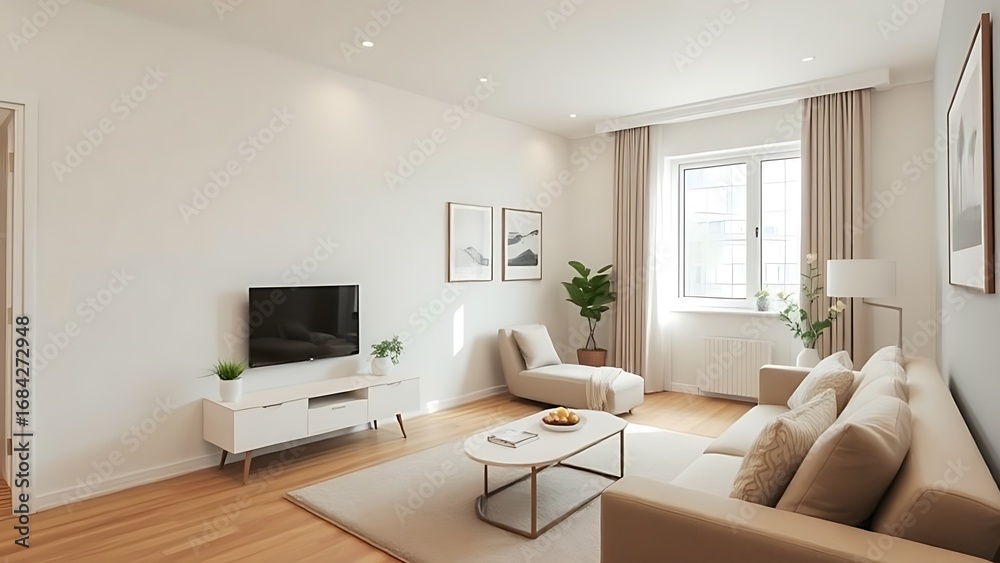 Fototapeta premium Modern apartment interior with clean design, neutral tones, and soft natural lighting.