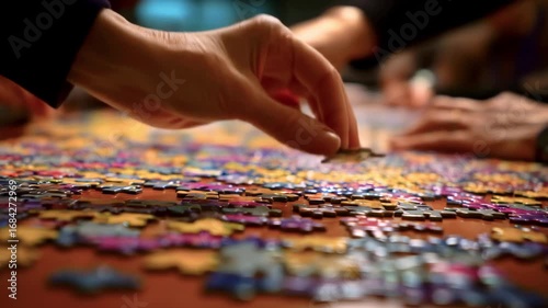 Group of people engaged in assembling a colorful jigsaw puzzle on a wooden table in a cozy setting