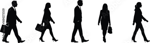 Business people walking with briefcases, professional men and women in formal attire, office commute, teamwork, corporate lifestyle, career focus