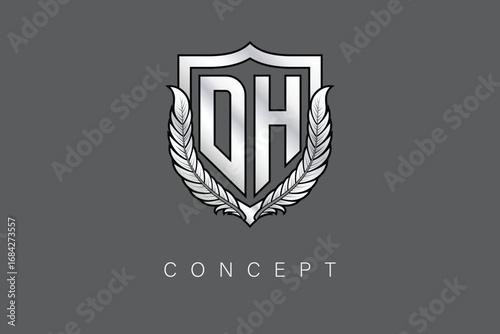 DH Creative Initial Letter Logo with Shield and Laurel Wreath Silver Metallic Branding Emblem on Gray Background.