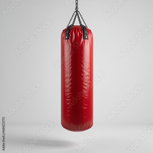 A photostock of a metallic red punching bag hanging upright, isolated on a white background, durable and athletic, High Quality