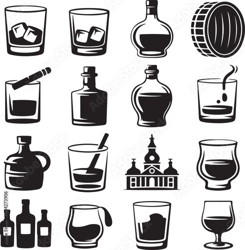 Collection of black and white beverage and alcohol icons drink glass