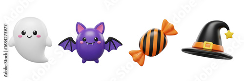 A collection of playful Halloween-themed emojis including a ghost, bat, candy, and witch's hat, each with vibrant colors and cute expressions.