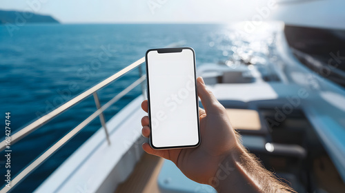Hand holding a smartphone with a blank screen on a yacht deck