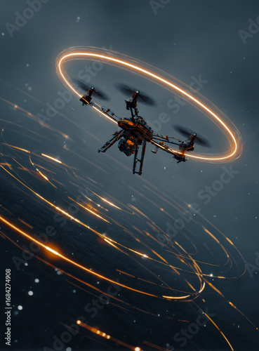 Futuristic drone with glowing orange ring hovers over a dark cityscape at night