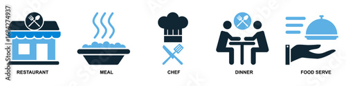 set of restaurant icon vectors for food and beverage, catering, and dining themes. These modern, simple icons are perfect for menus, apps, and websites to represent various culinary concepts.