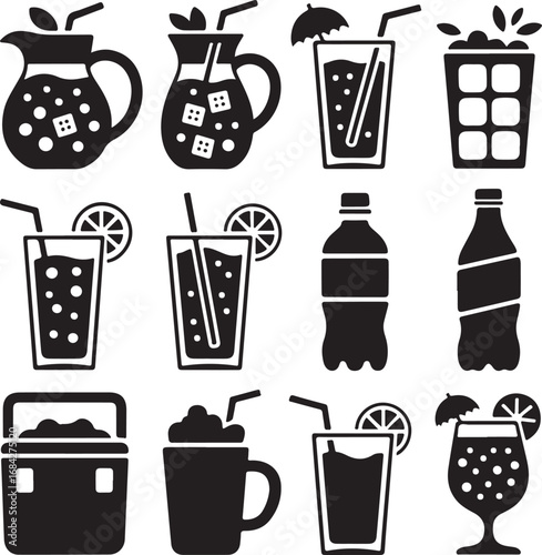 Assortment of beverage and drink icons in black silhouette on white pitcher