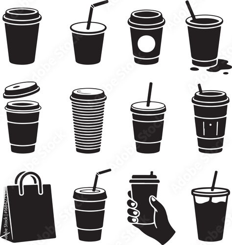 Variety of disposable coffee cup and drink icons in silhouette vector illustration
