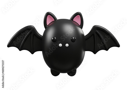 A cute, cartoonish bat figure with rounded features, tiny ears, and outstretched wings, designed in a glossy black finish.